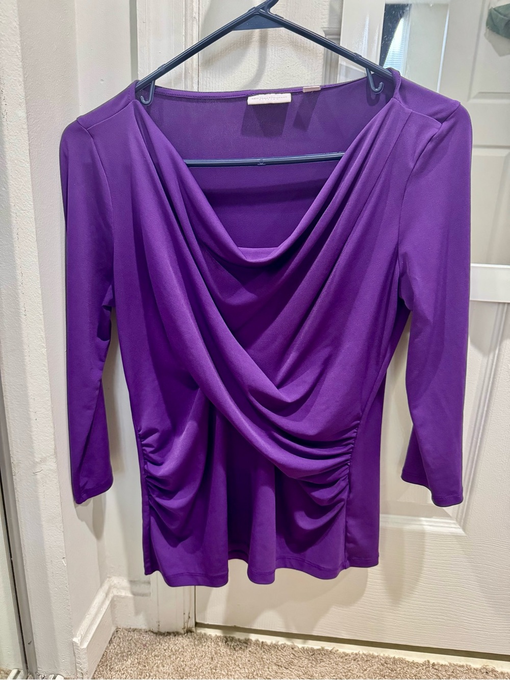 New York & Company Purple Draped Cowl Neck Cross Front Top with 3/4 Sleeves